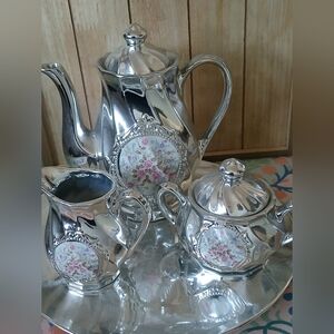 VINTAGE Silver Tea Set with Floral Design